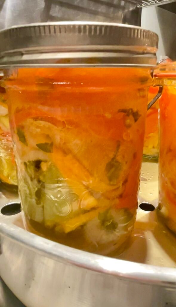 A full jar with a metal lid, sitting in the tray of the atmospheric stream canner
