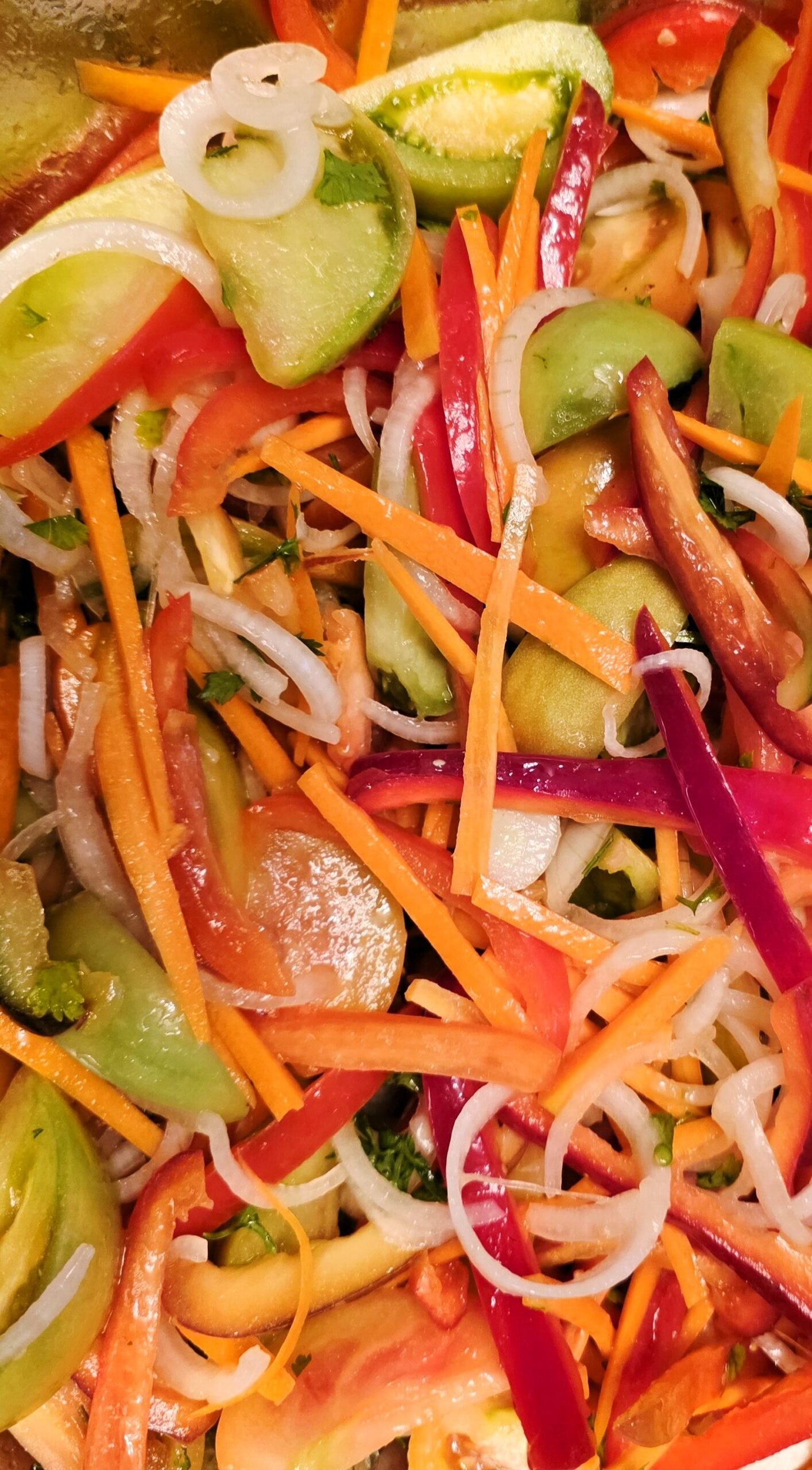 Close-up of salad made with green tomato slices, carrot matchsticks, red and purple pepper strips, onion rings, and chopped parsley.